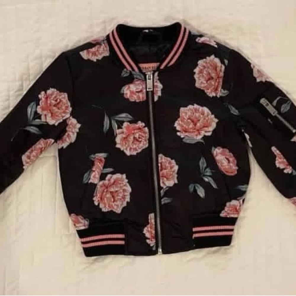 Urban Republic Black Pink Floral Kids Satin Bomber Jacket Size 5/6